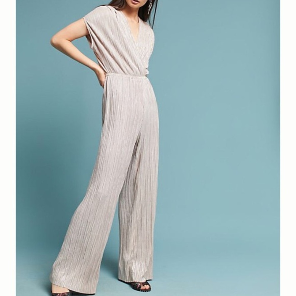Anthropologie Pleated Metallic Gold Jumpsuit M